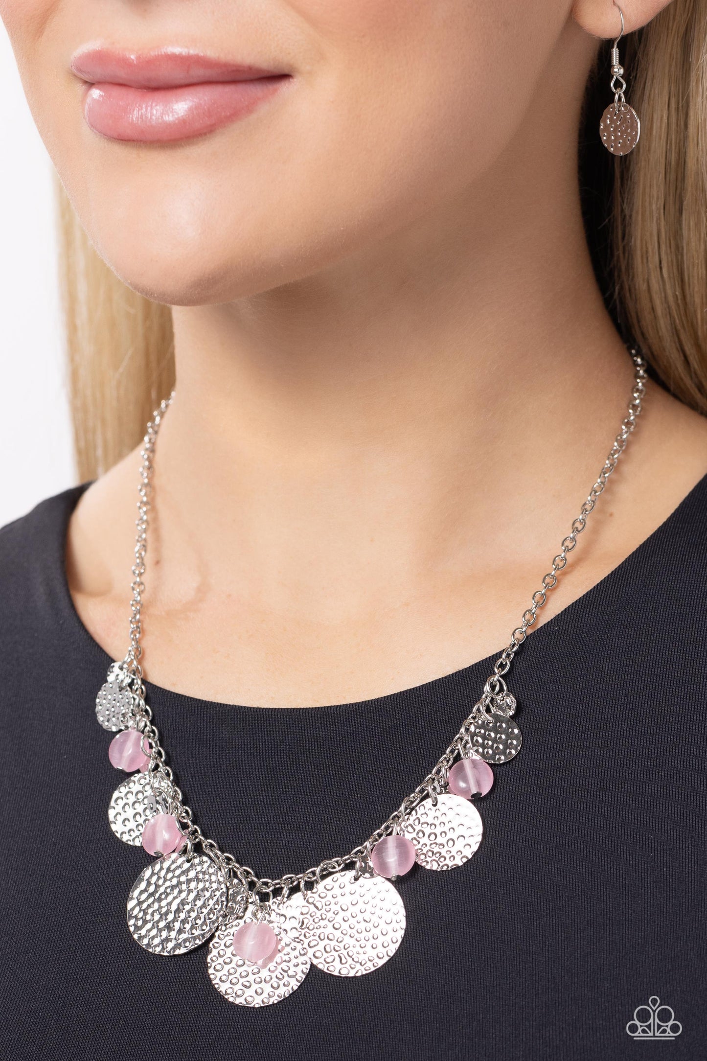 Radiant Review - Pink Cat's Eye Bead & Solver Hammered Disc Necklace Paparazzi N2270