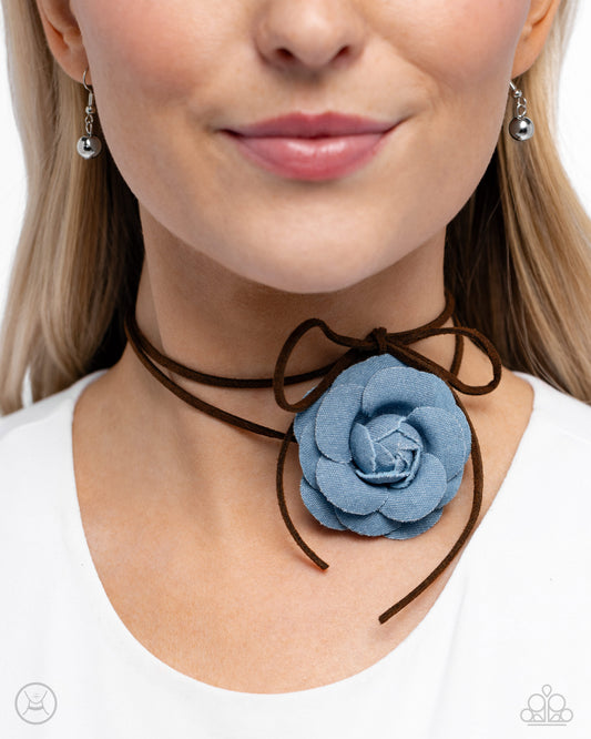 Floral Folktale - Brown & Denim Rose Choker Santa Fe Style Necklace Paparazzi N2213