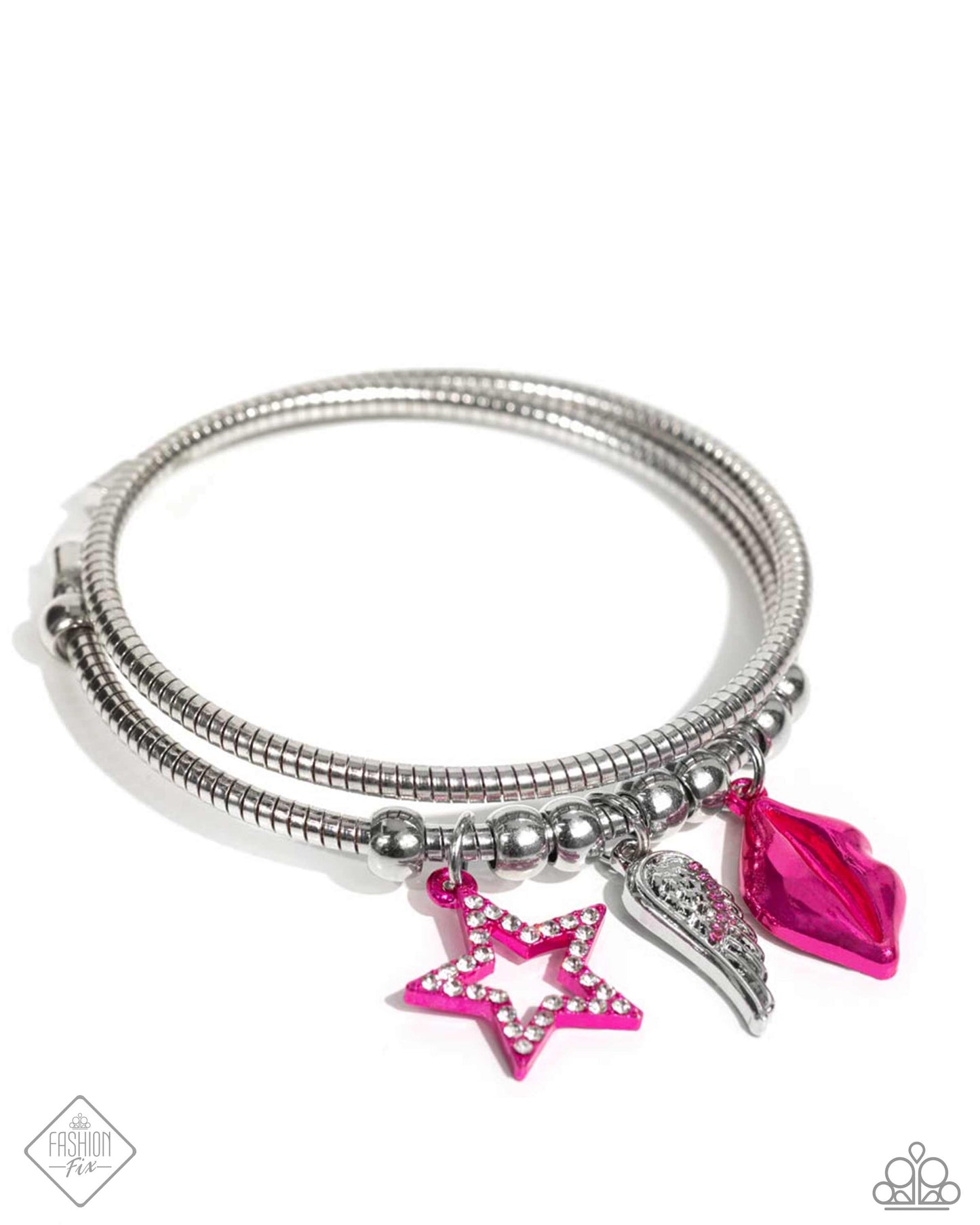 Popstar Privilege - Multi White Rhinestone, Electric Pink Star & Lip Coil Bracelet Sunset Sightings Fashion Fix May 2024 Paparazzi B1594