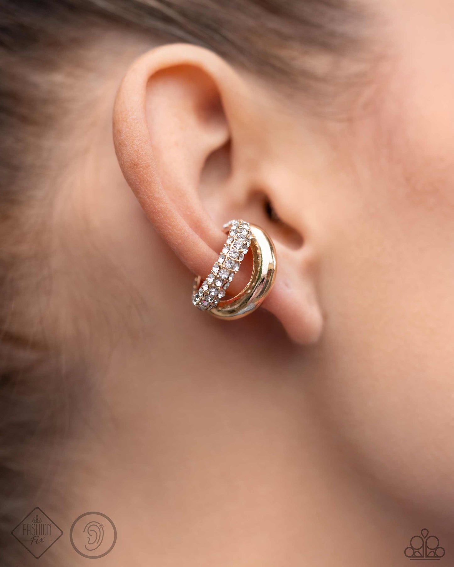 Sizzling Spotlight - Gold & White Rhinestone Ear Cuff Magnificent Musings Fashion Fix April 2024 Paparazzi E2042