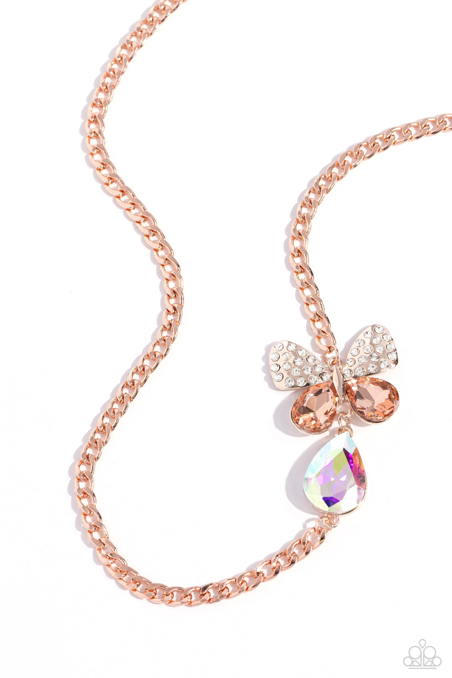 Fluttering Finesse - Rose Gold Chain Oversized White Rhinestone Butterfly Necklace Paparazzi N2411