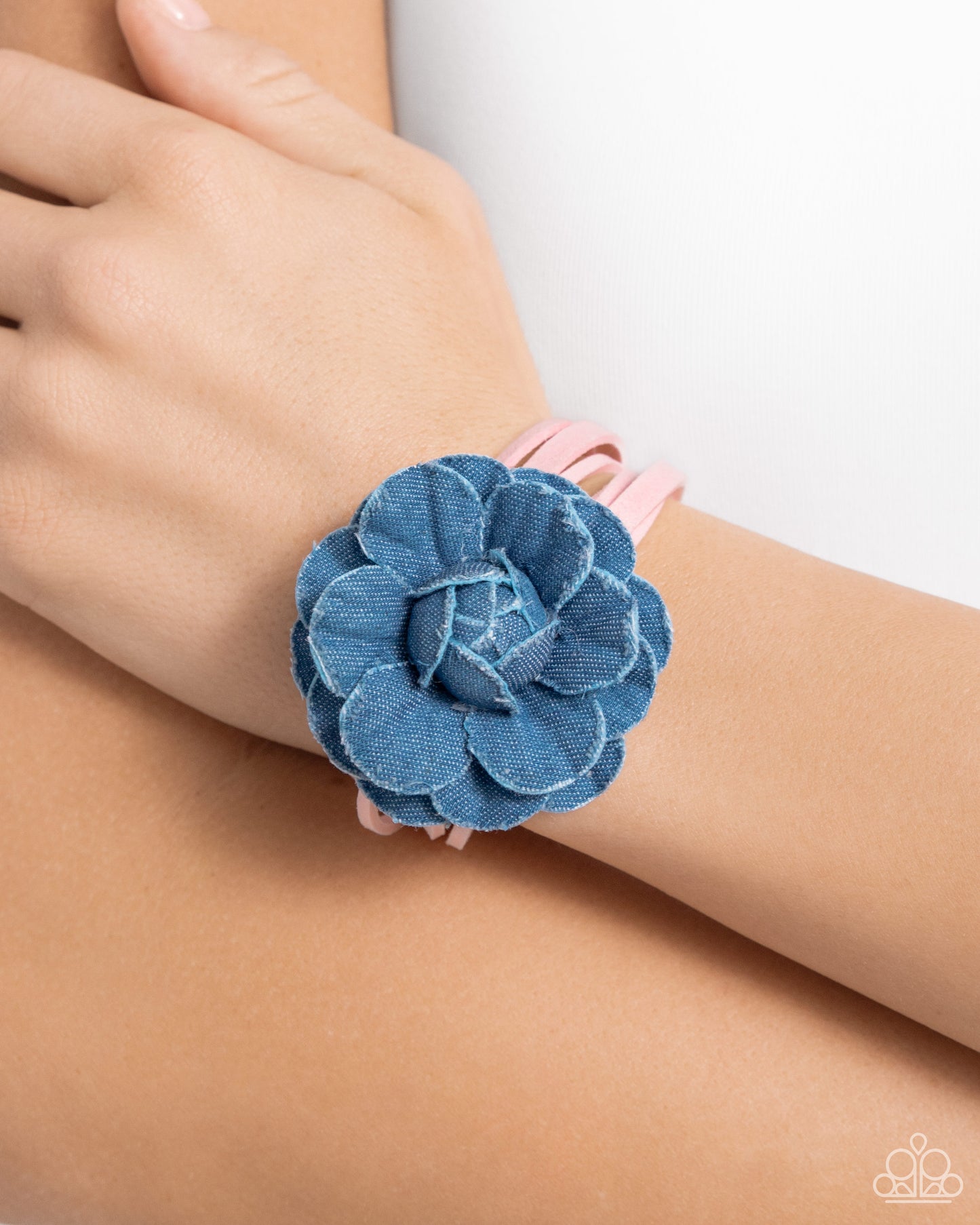 Garden Genre - Pink Suede & Blue Denim Flower Bracelet Paparazzi B1761