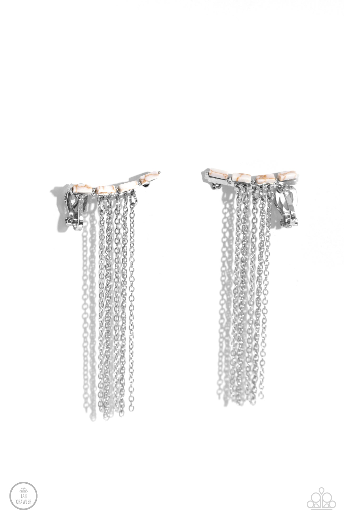 Fault Line Fringe - White Stone & Stud Frame Ear Crawler Santa Fe Style Earring Paparazzi E2055