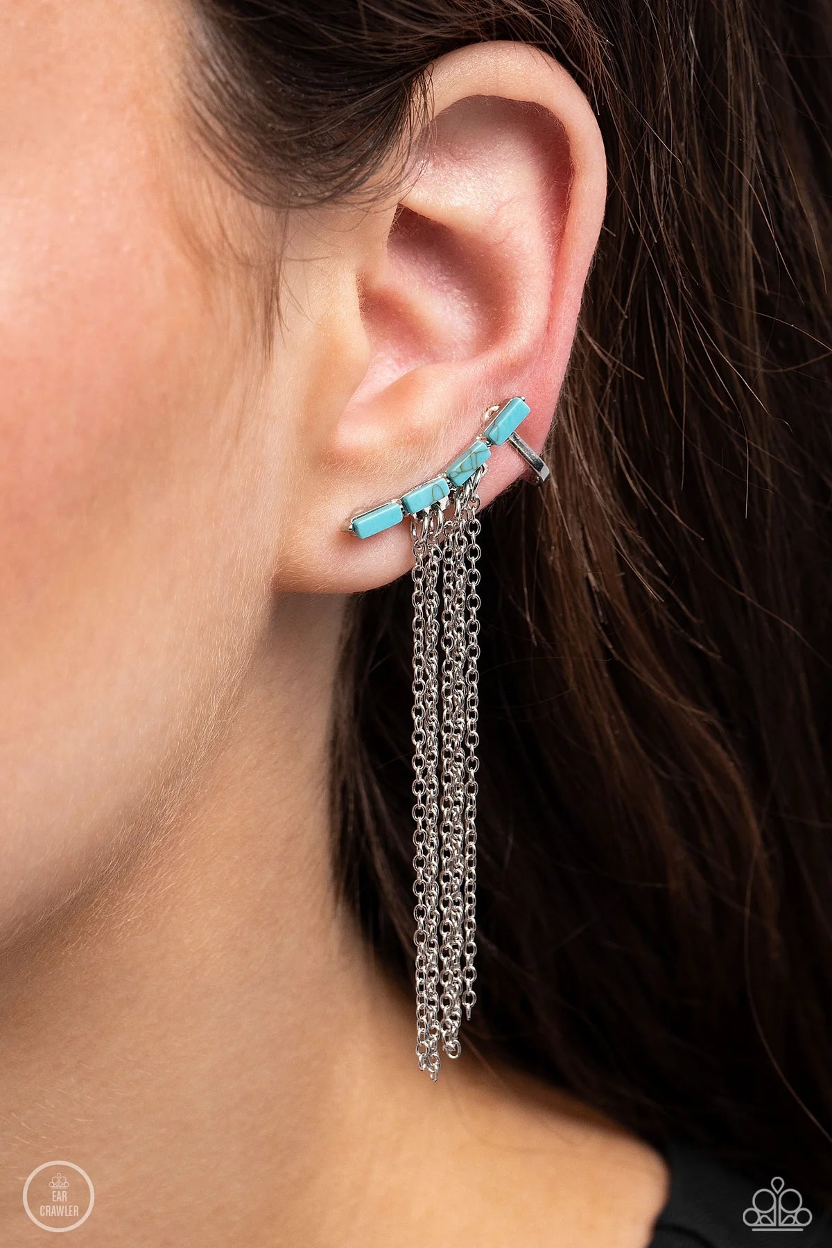 Paparazzi Fault Line Fringe - Blue Turquoise Silver Ear Crawler Santa Fe Style Earrings E3214