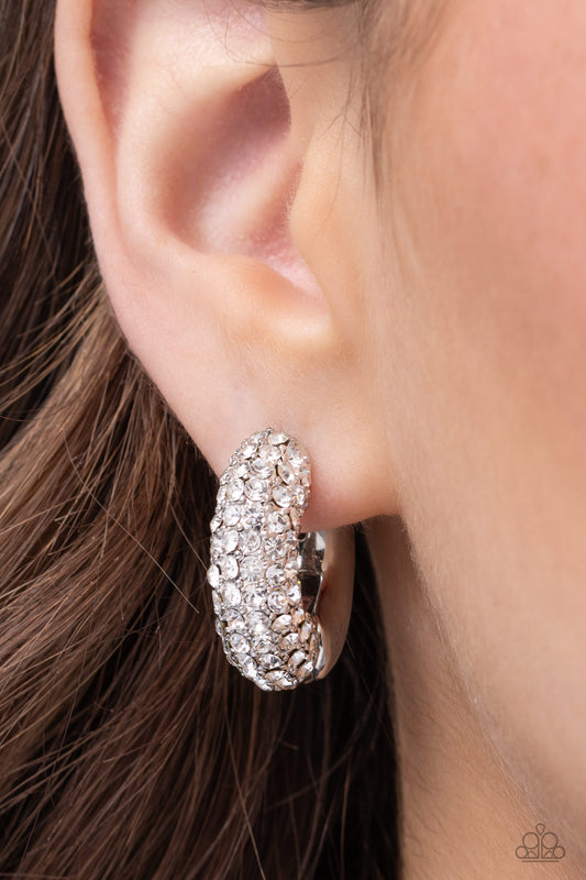 Combustible Confidence - White Rhinestone Silver Hinge 3/4 Inch Hinge Hoop Earring Paparazzi E1920