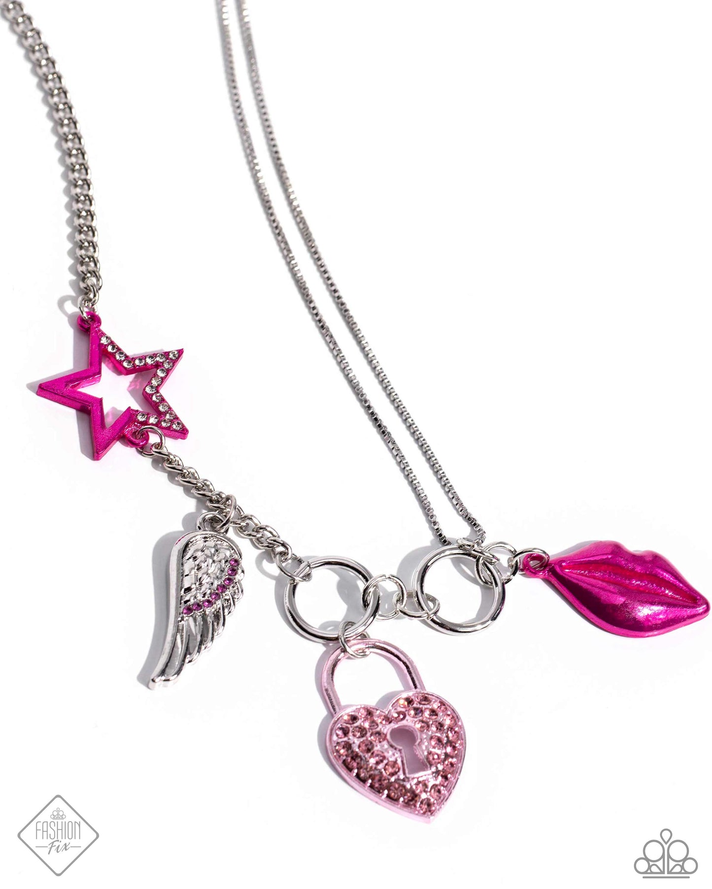 The Princess and the Popstar - Pink Rhinestone Heart Padlock & Electric Pink Star, Lips Necklace Sunset Sightings Fashion Fix May 2024 Paparazzi N2364