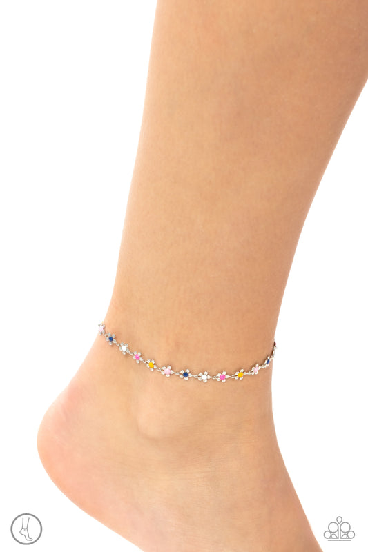 Familiar Florals - Multi Colored Pink, White, Blue Silver Daisy Flower Anklet Paparazzi B1543