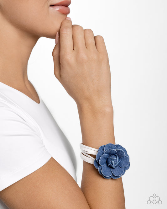 Garden Genre - White Suede & Blue Denim Flower Bracelet Paparazzi B1645