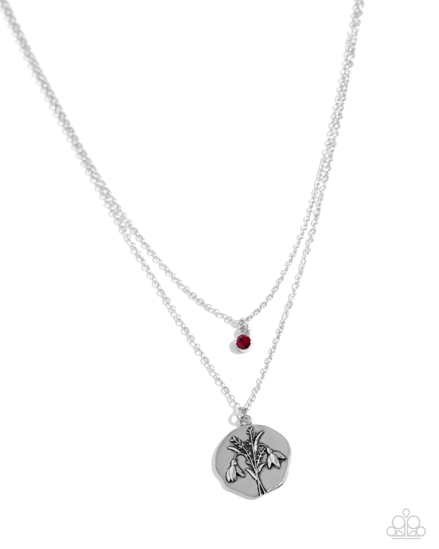 Birthstone Beauty - Red Garnet Like Rhinestone January Birthstone & Snowdrop Birth Month Flower Necklace Paparazzi N2440