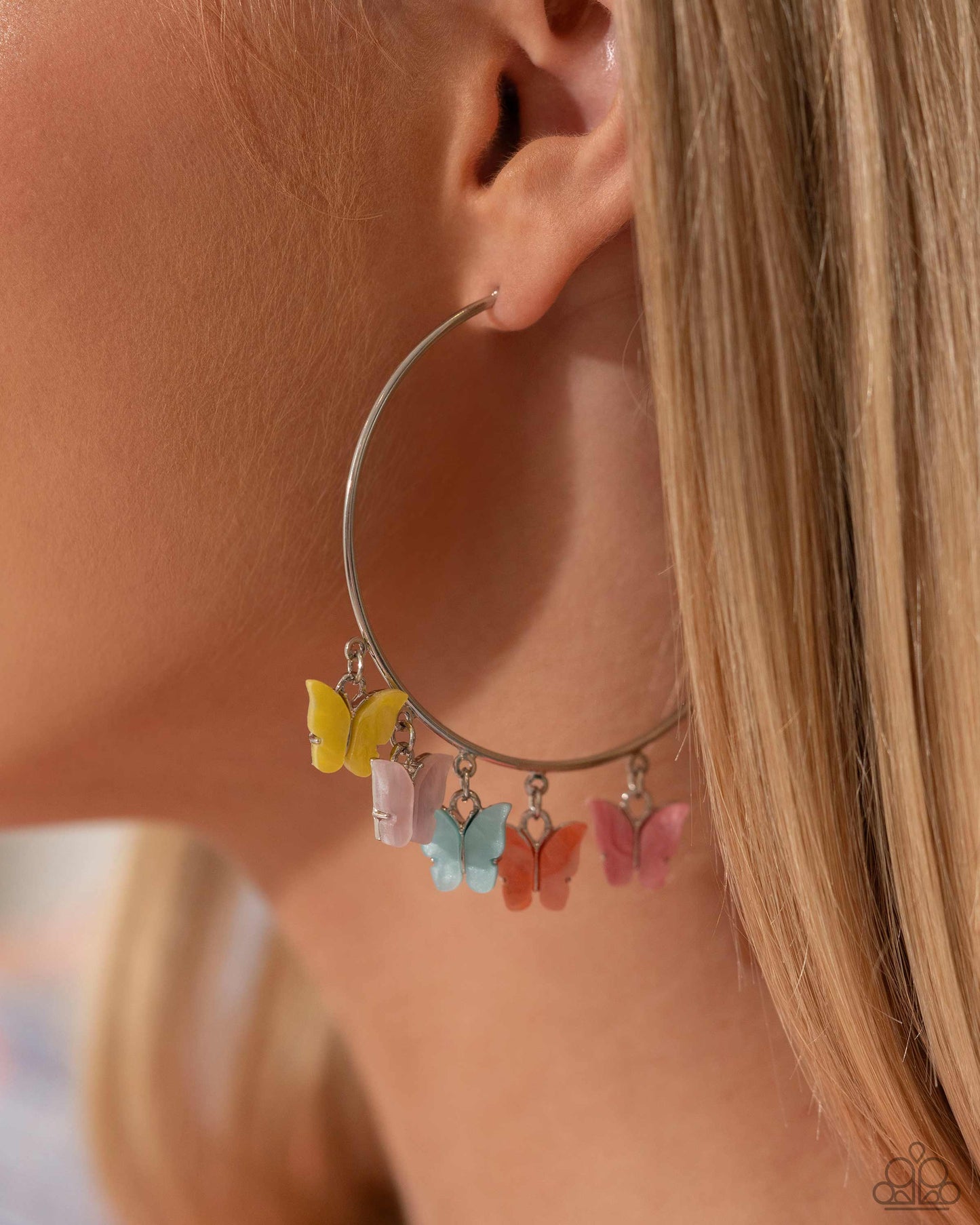 Bemusing Butterflies - Multi Colored Butterflys On 2 1/2 Inch Hoop Earring Life Of The Party April 2024 Paparazzi E2303