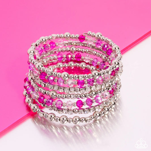Paparazzi ICE Knowing You - Pink, Silver, White Rhinestone Coil Bracelet Life Of The Party Pink Diamond Exclusive B2633