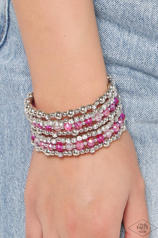 Paparazzi ICE Knowing You - Pink, Silver, White Rhinestone Coil Bracelet Life Of The Party Pink Diamond Exclusive B2633