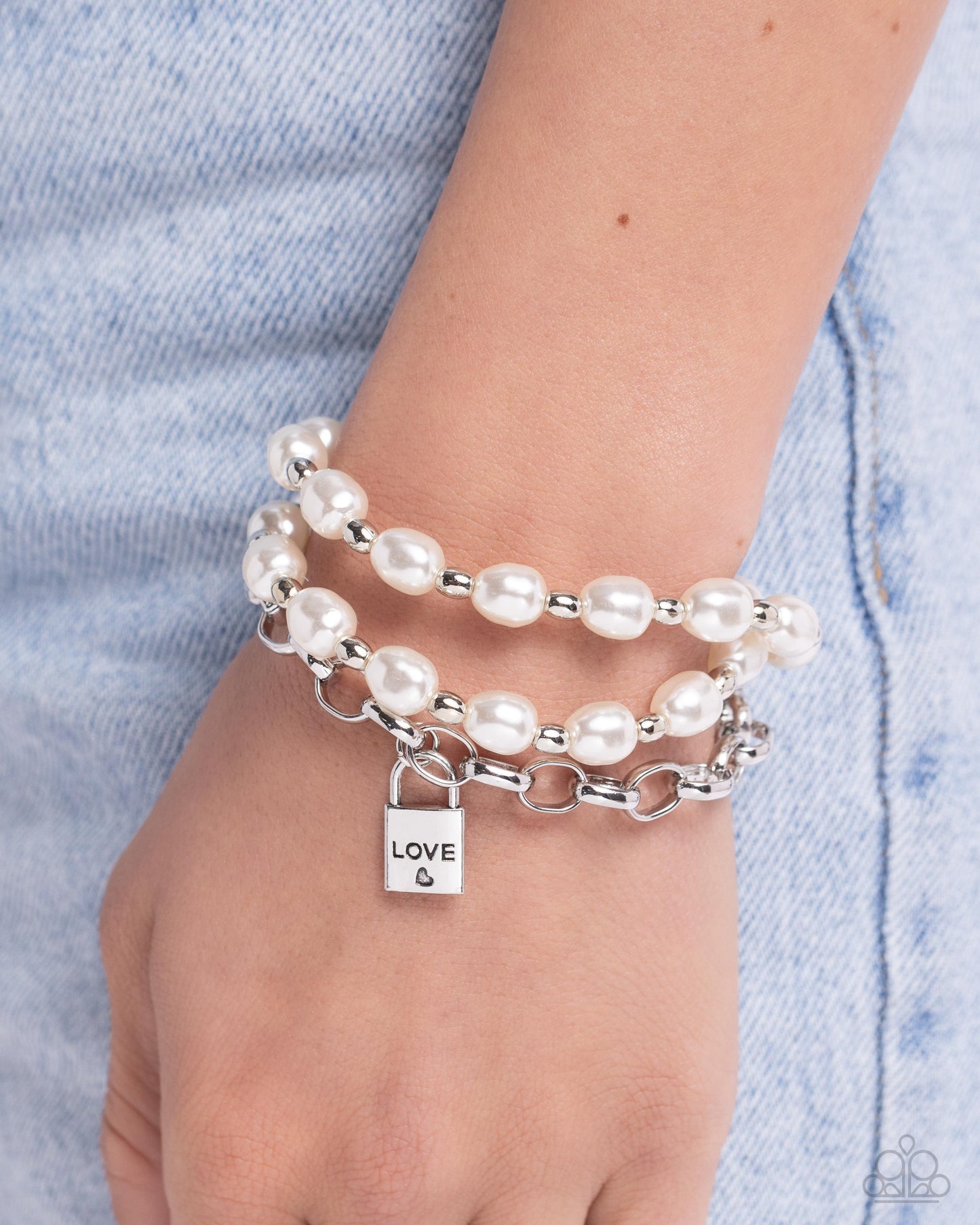 LOVE-Locked Legacy - White Pearl "Love" Inspirational Lock Bracelet Paparazzi B1786