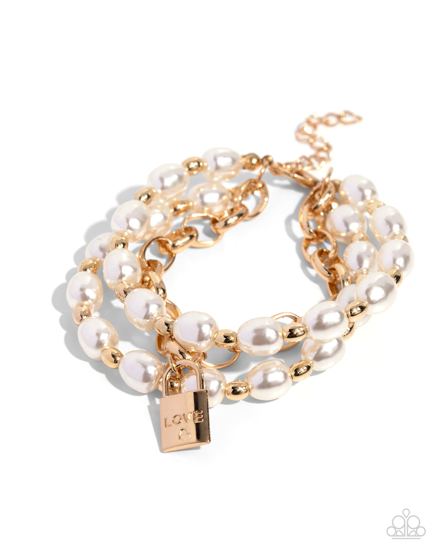 LOVE-Locked Legacy - Gold Stamped "Love" Lock & White Pearl Bracelet Paparazzi B1663