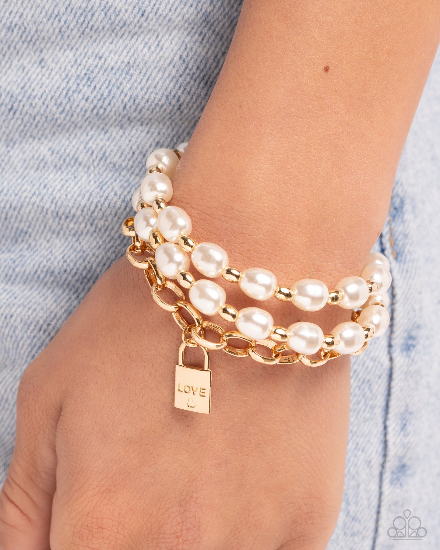 LOVE-Locked Legacy - Gold Stamped "Love" Lock & White Pearl Bracelet Paparazzi B1663