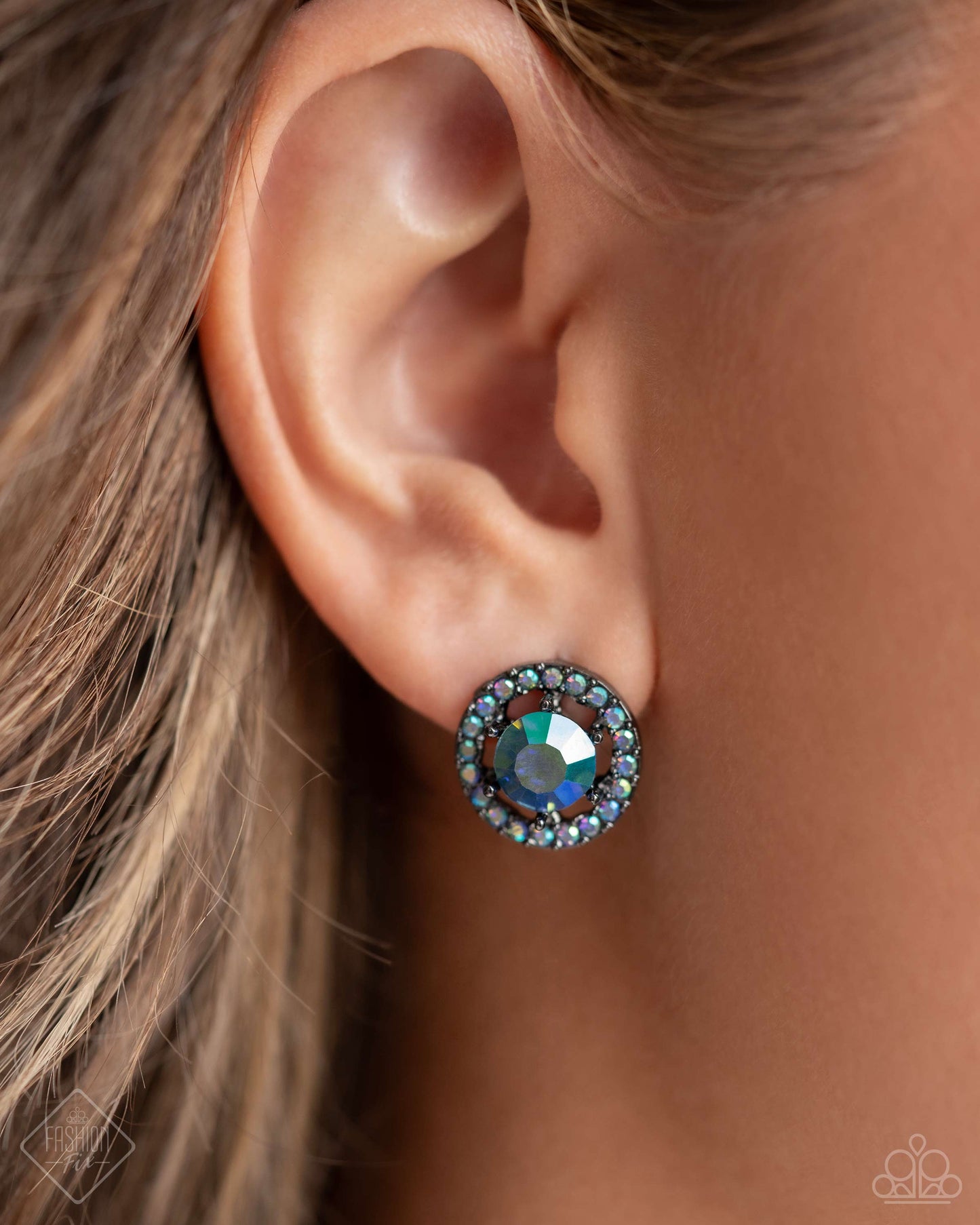 Dynamic Dominance - Blue UV Shimmer Gunmetal Post Earring Glimpses Of Malibu Fashion Fix June 2024 Paparazzi