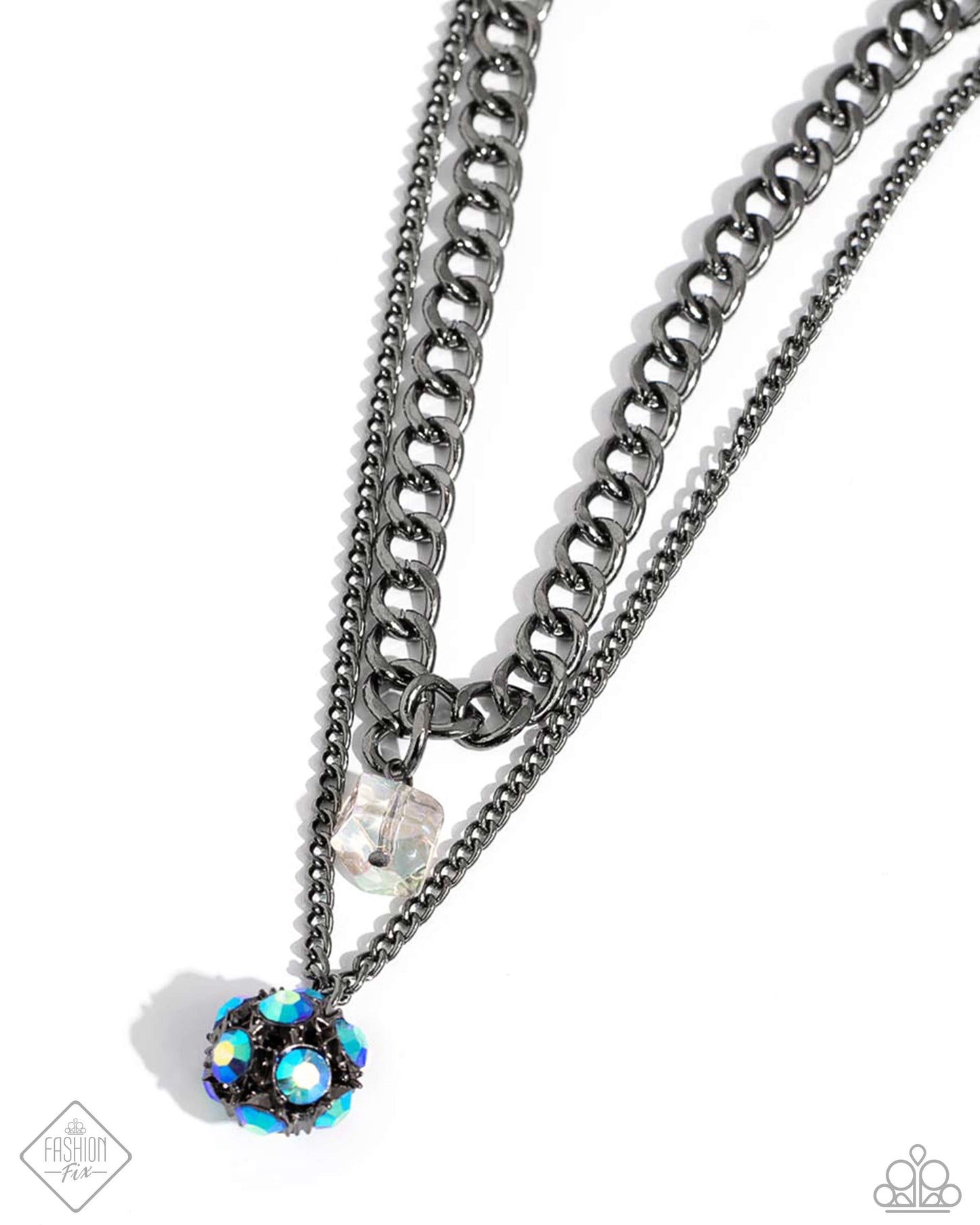 Flair for the Fierce - Blue UV Rhinestone & Gunmetal Layered Necklace Magnificent Musing Fashion Fix June 2024 Paparazzi