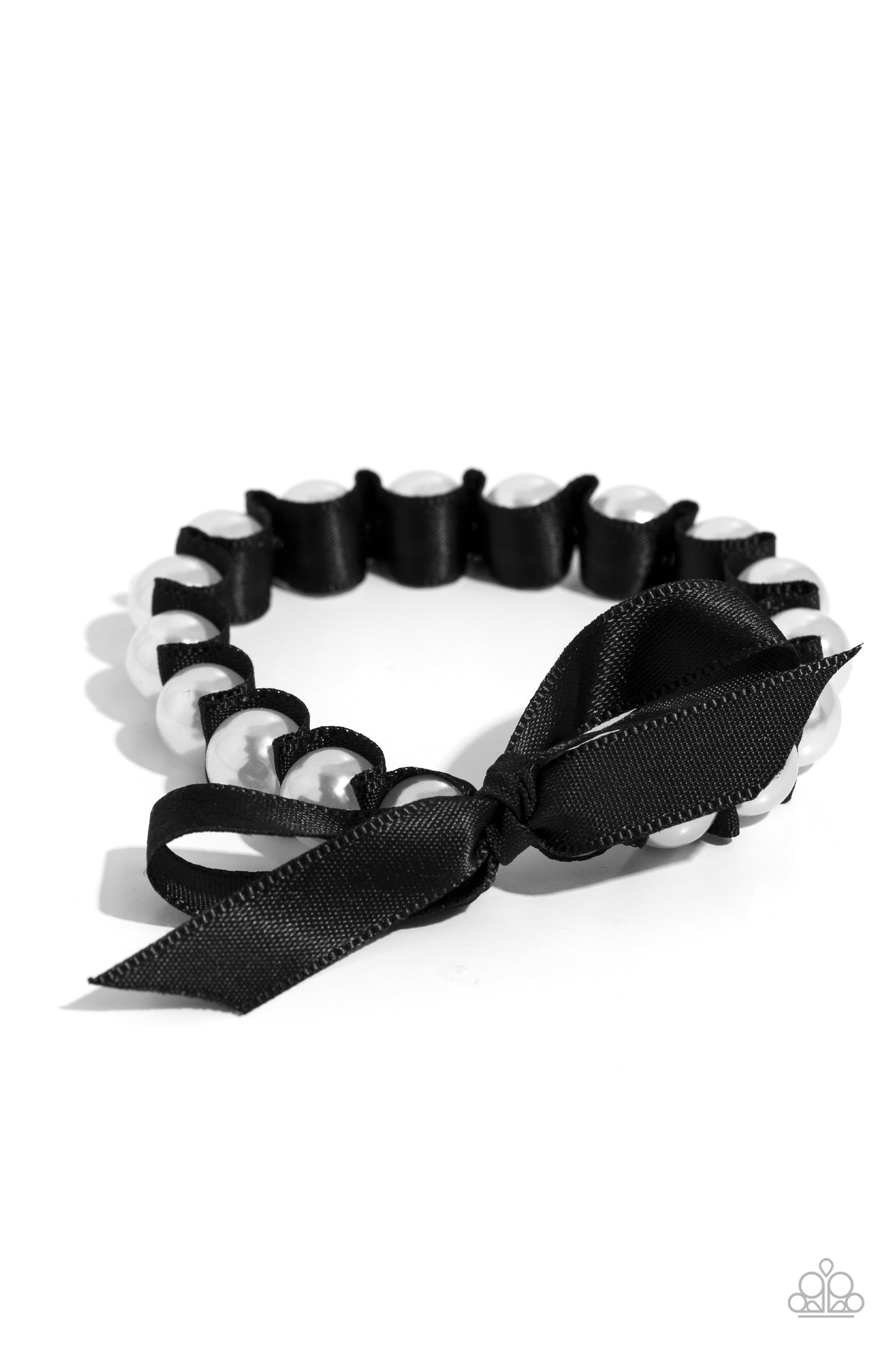 Ribbon Rarity - Black Ribbon & White Pearl Stretch Bracelet Paparazzi B1623