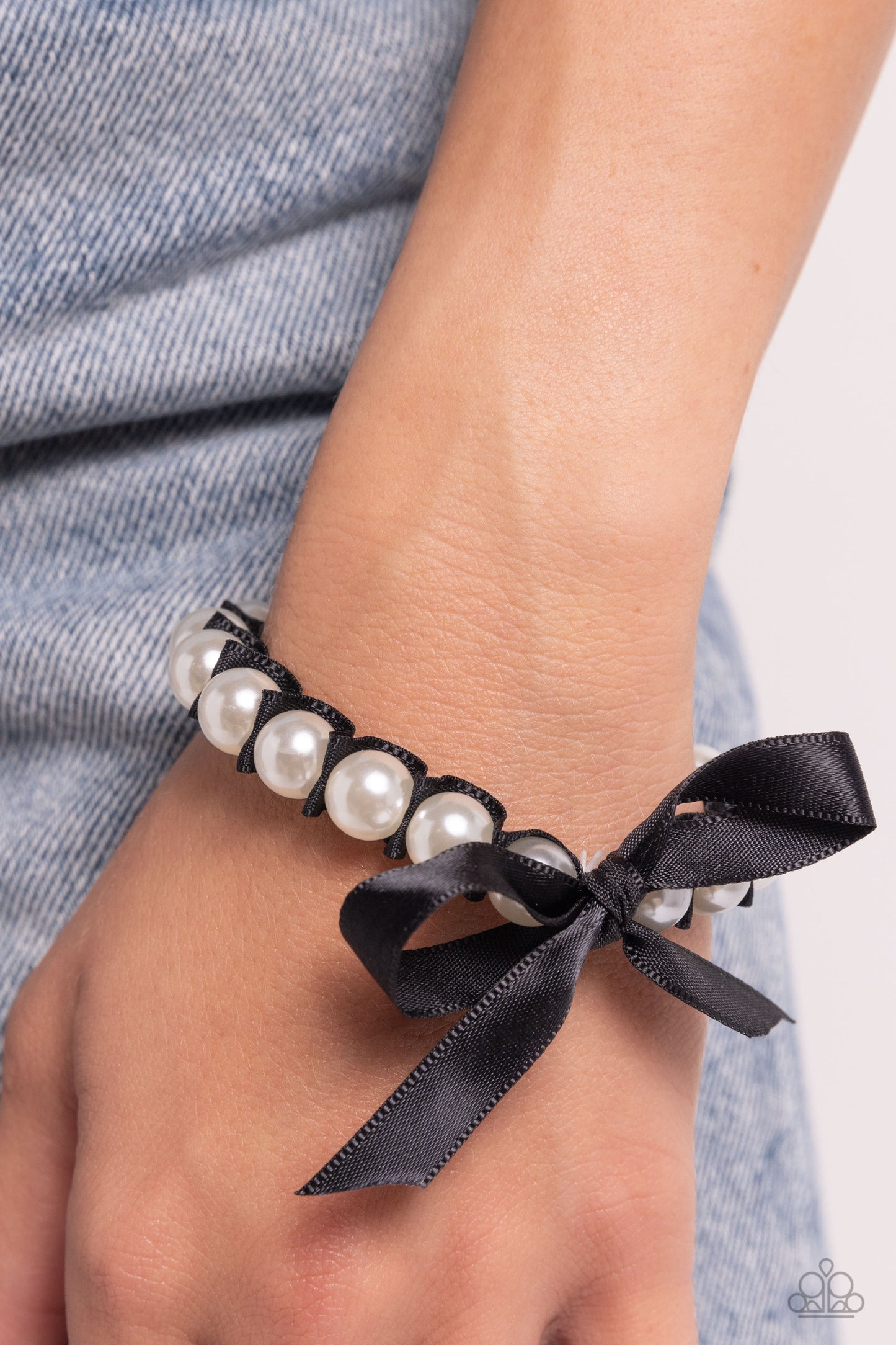 Ribbon Rarity - Black Ribbon & White Pearl Stretch Bracelet Paparazzi B1623