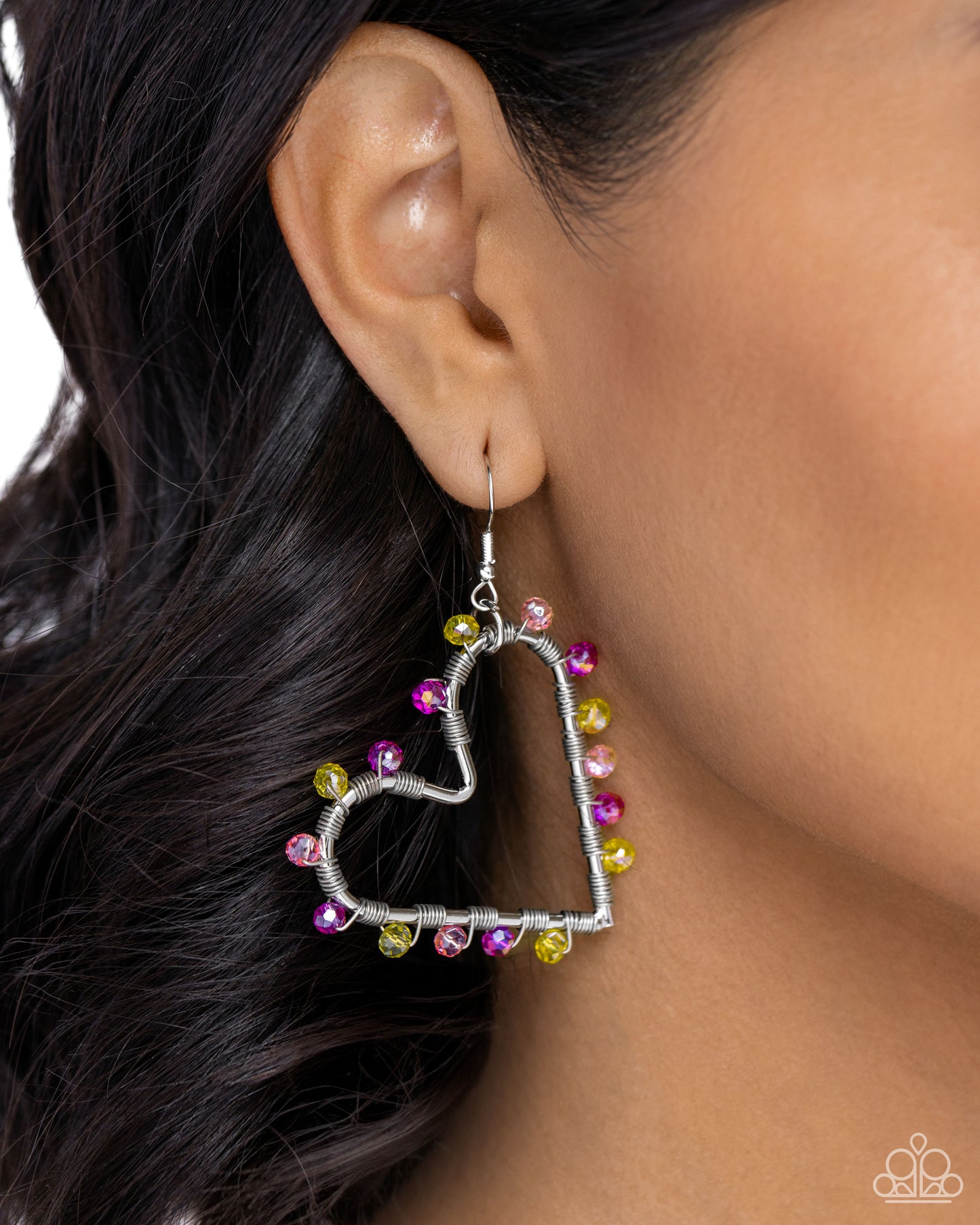 HEART of Your World - Multi Colored Yellow & Pink Bead Heart Frame Earring Paparazzi