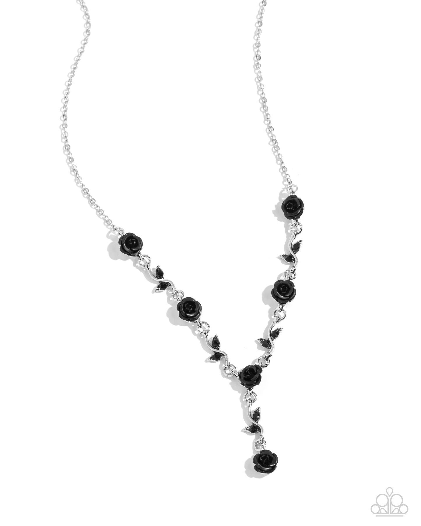 ROSE Without Saying... - Black Acrylic Roses & Rhinestone Silver Vine Necklace Paparazzi N2350