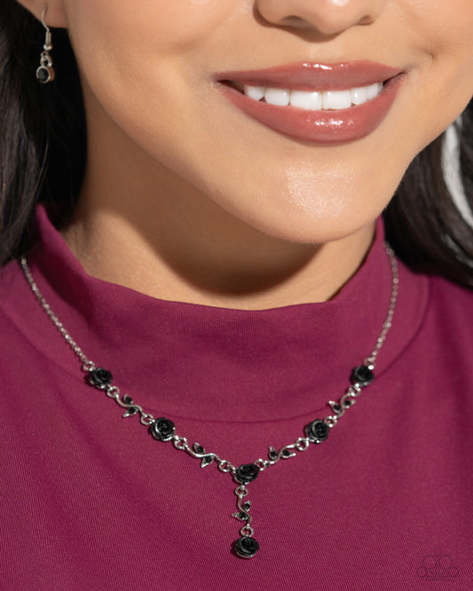 ROSE Without Saying... - Black Acrylic Roses & Rhinestone Silver Vine Necklace Paparazzi N2350