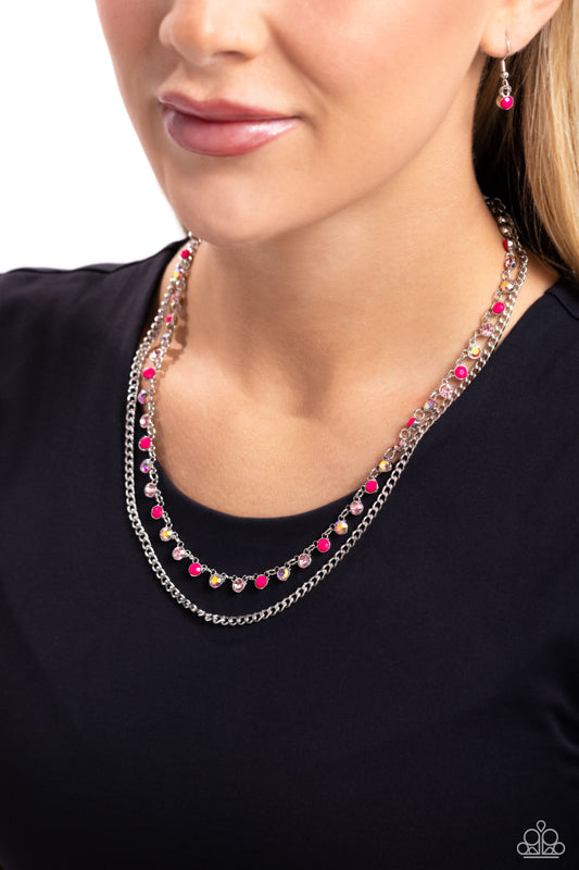 Delicate Dame - Pink Rhinestone, Pink Peacock Painted Bead Layer Necklace Paparazzi N2195