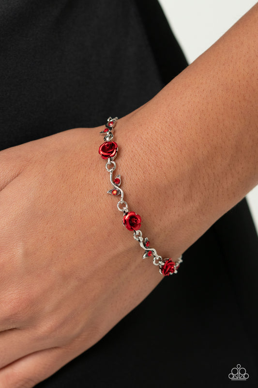 Roses Supposes - Red Acrylic Rose & Red Rhinestone Bracelet Paparazzi B1607