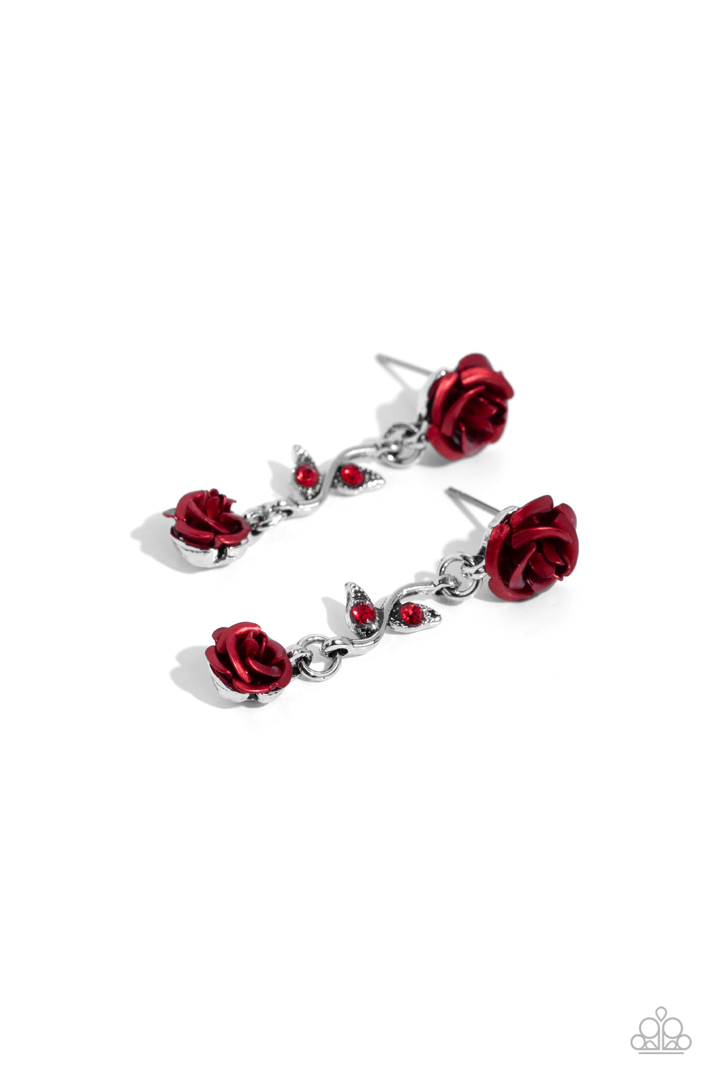 Led by the ROSE - Red Acrylic Rose & Silver Vine Post Earring Paparazzi E2060