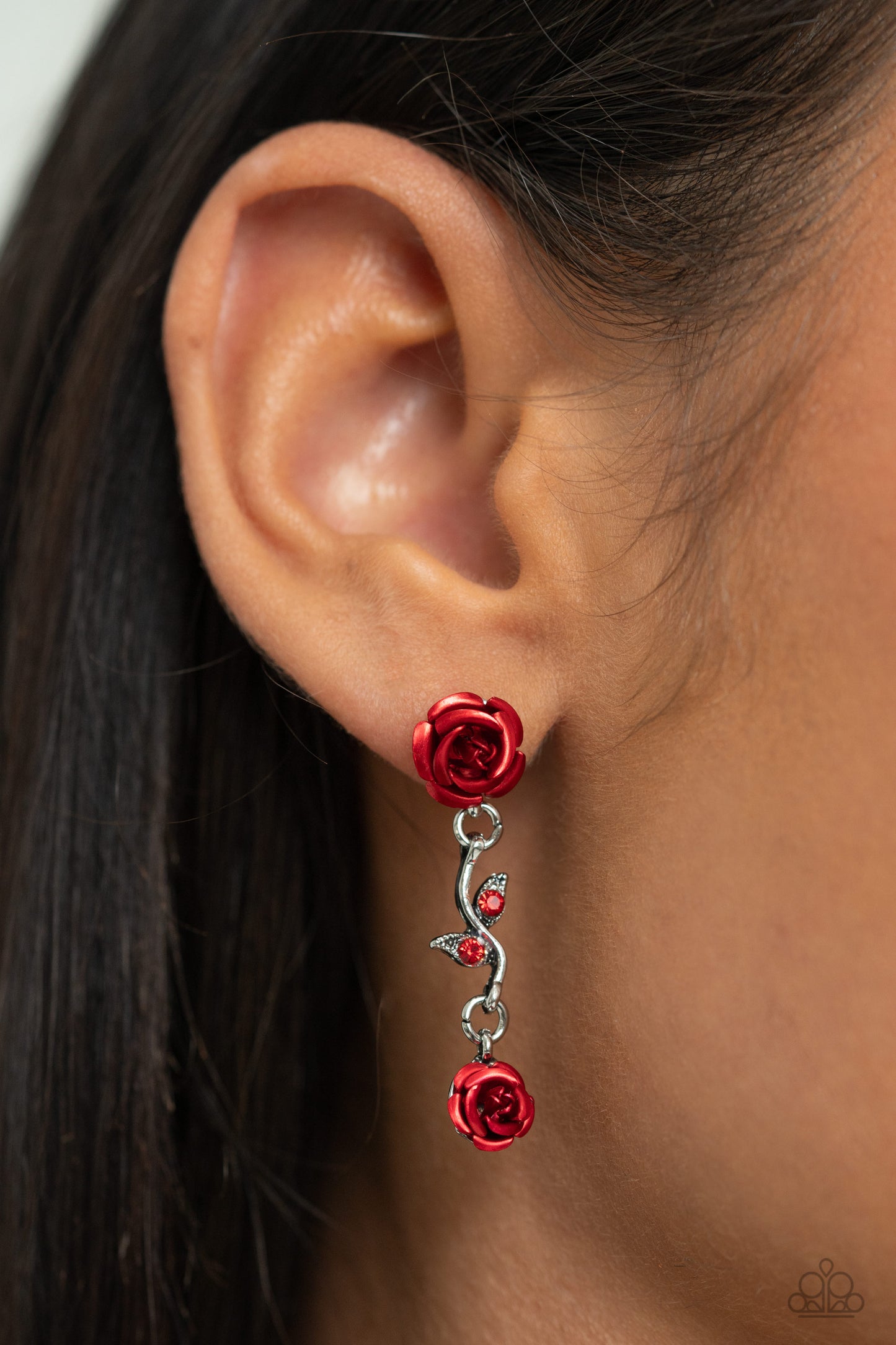 Led by the ROSE - Red Acrylic Rose & Silver Vine Post Earring Paparazzi E2060