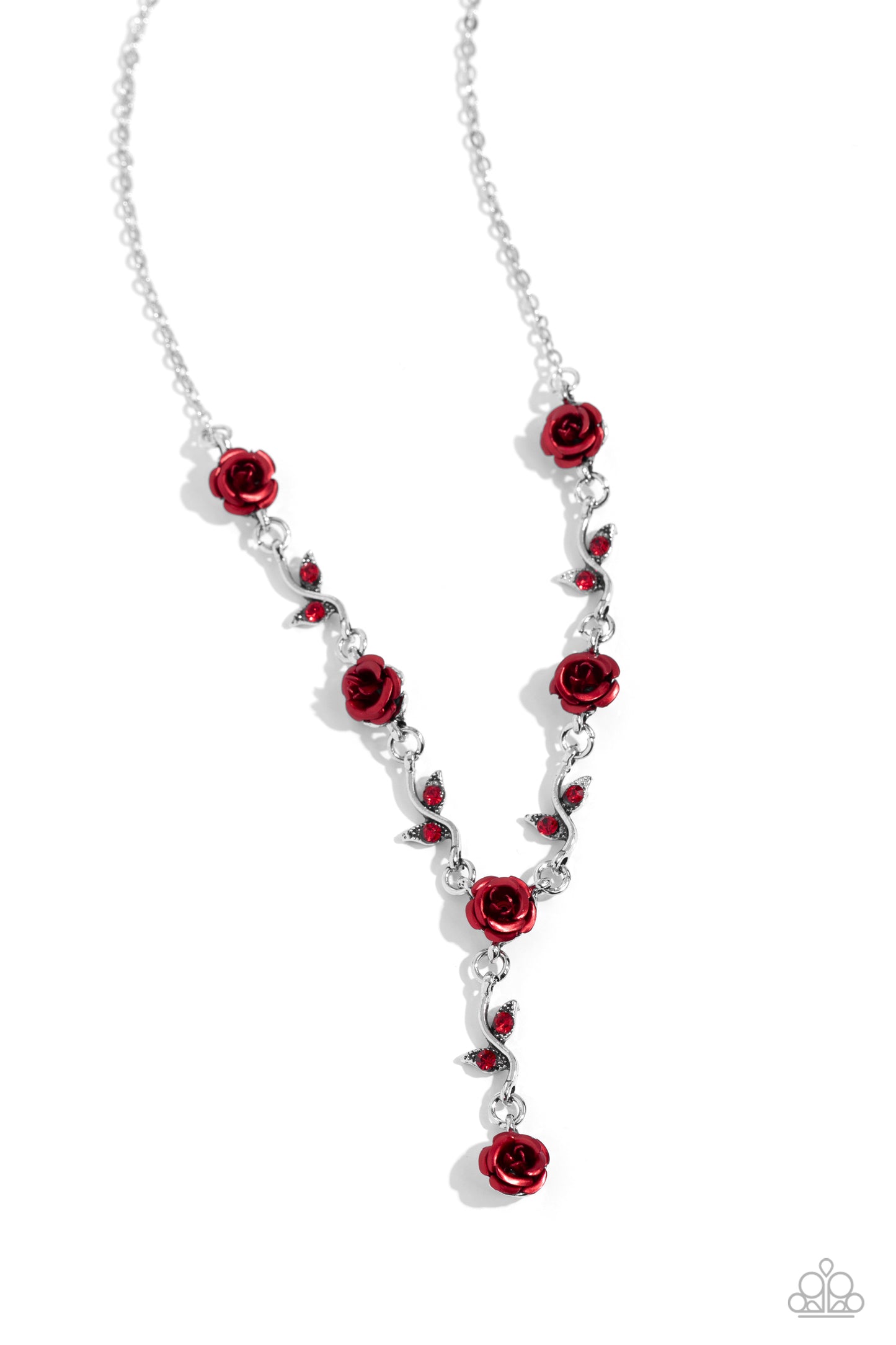 ROSE Without Saying... - Red Acrylic Rose Silver Vine Necklace Paparazzi N2396