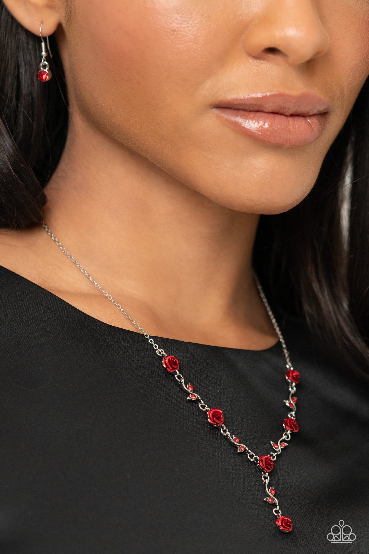 ROSE Without Saying... - Red Acrylic Rose Silver Vine Necklace Paparazzi N2396