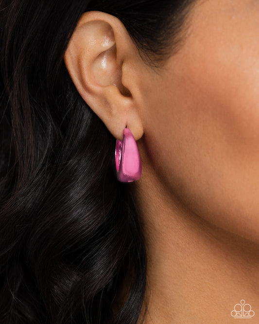 Colorful Curiosity - Pink  Electric 3/4 Inch Hinge Hoop Earring Paparazzi E2044