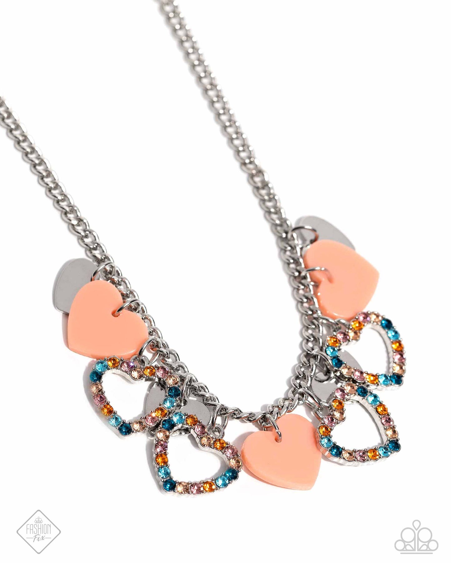 Look the HEART - Orange Desert Flower & Multicolored Rhinestone Heart Necklace Glimpses Of Malibu Fashion Fix July 2024 Paparazzi N2493