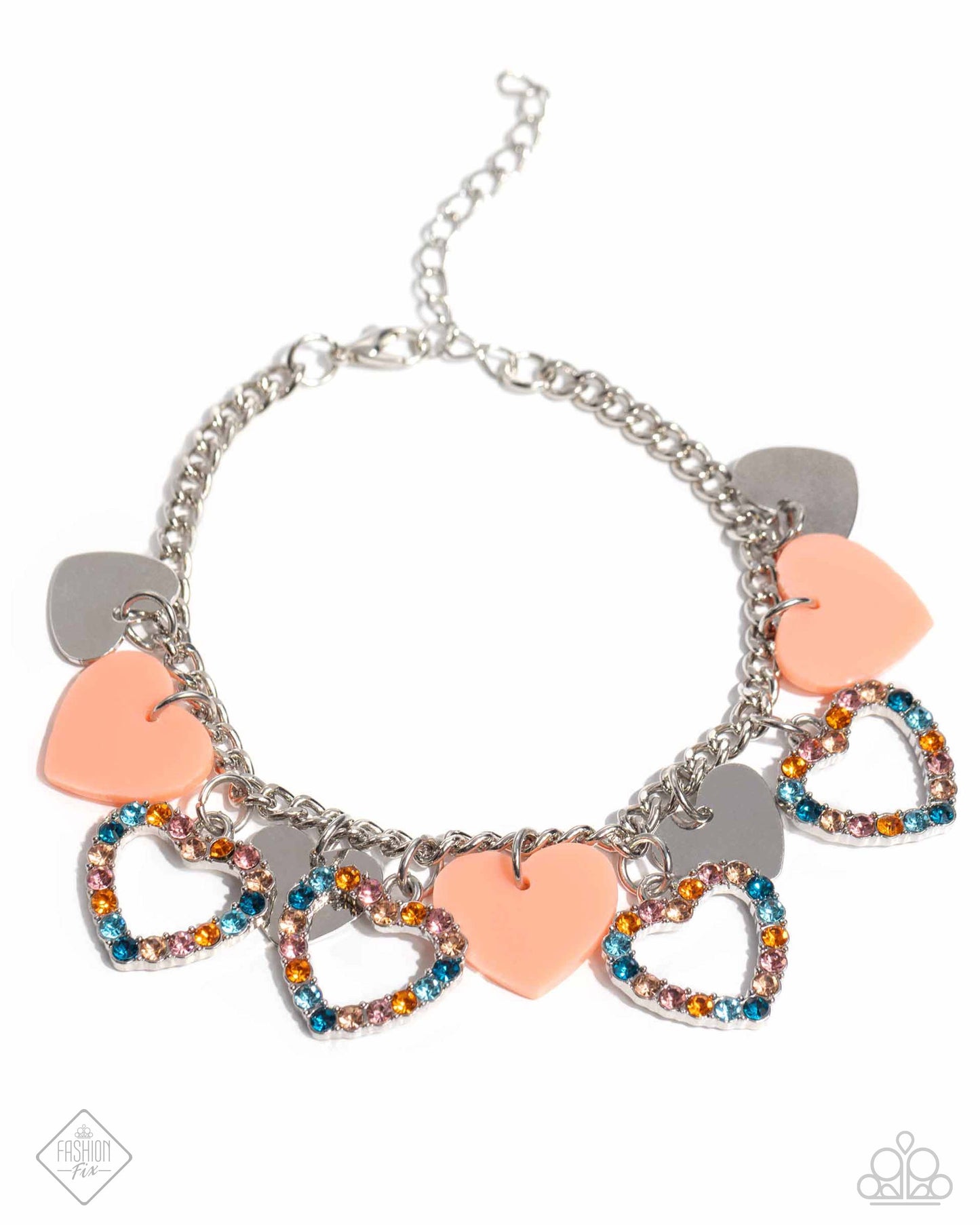 HEART Time - Orange Desert Flower & Multicolored Rhinestone Heart Bracelet Glimpses Of Malibu Fashion Fix July 2024 Paparazzi B1712