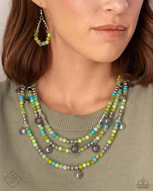 Piquant Pattern - Green Ash, Leek Green, Turquoise, Apple Green, Silver Bead Santa Fe Style Layered Necklace Fashion Fix April 2024 Paparazzi N2353