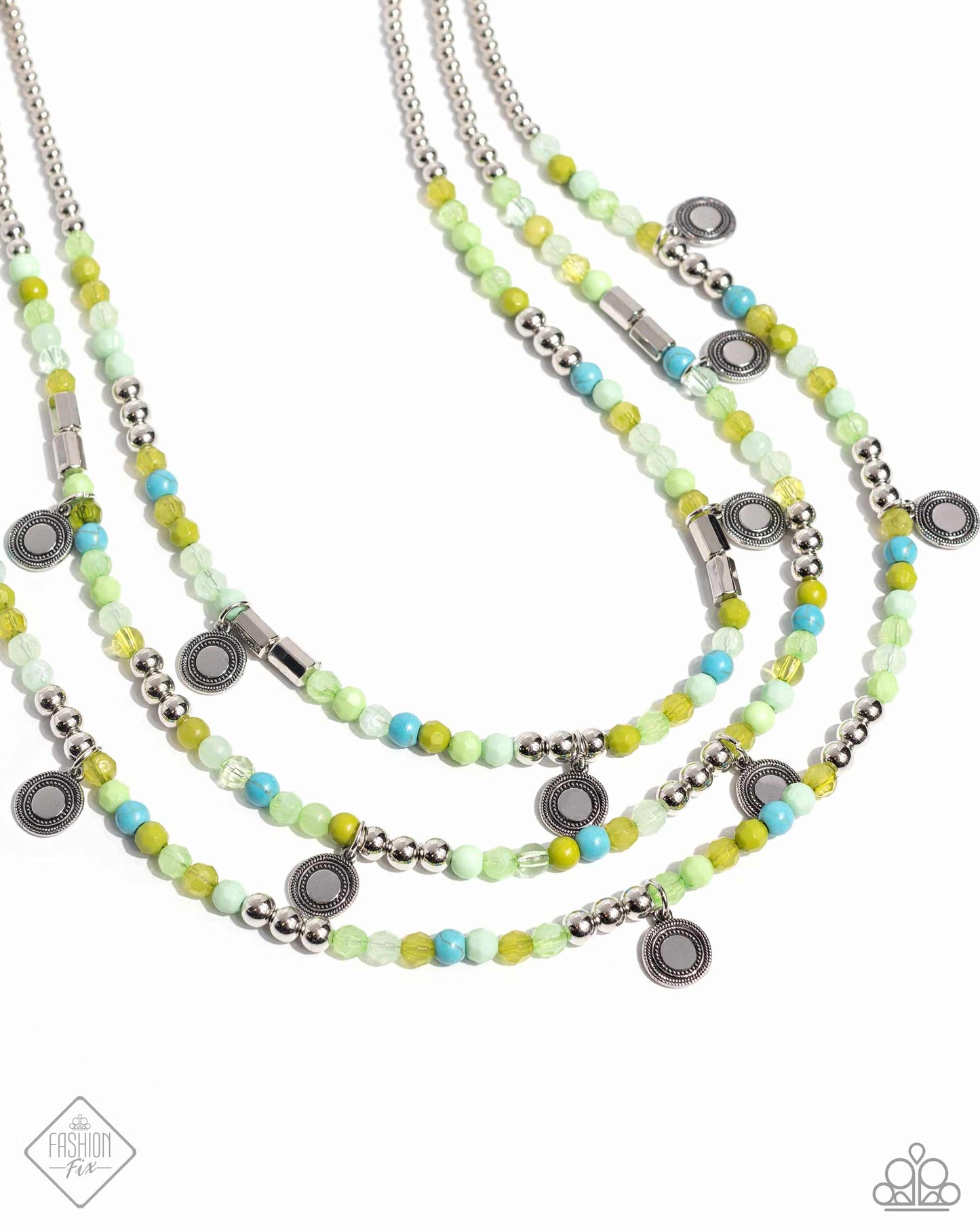 Piquant Pattern - Green Ash, Leek Green, Turquoise, Apple Green, Silver Bead Santa Fe Style Layered Necklace Fashion Fix April 2024 Paparazzi N2353