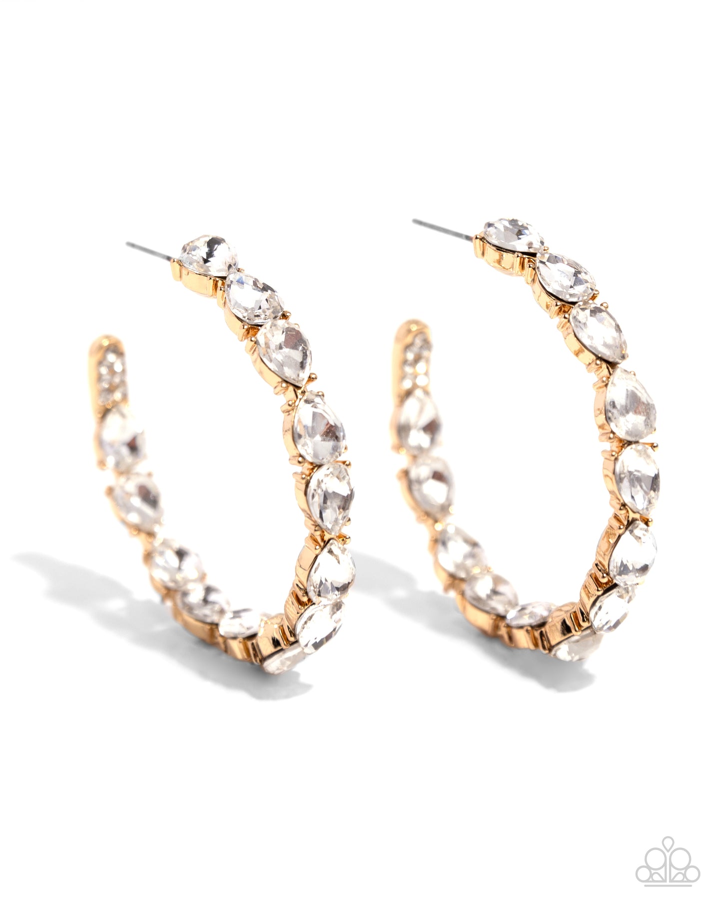 Presidential Pizzazz - Gold White Rhinestone Encrusted 2 Inch Hoop Earring Paparazzi E2250