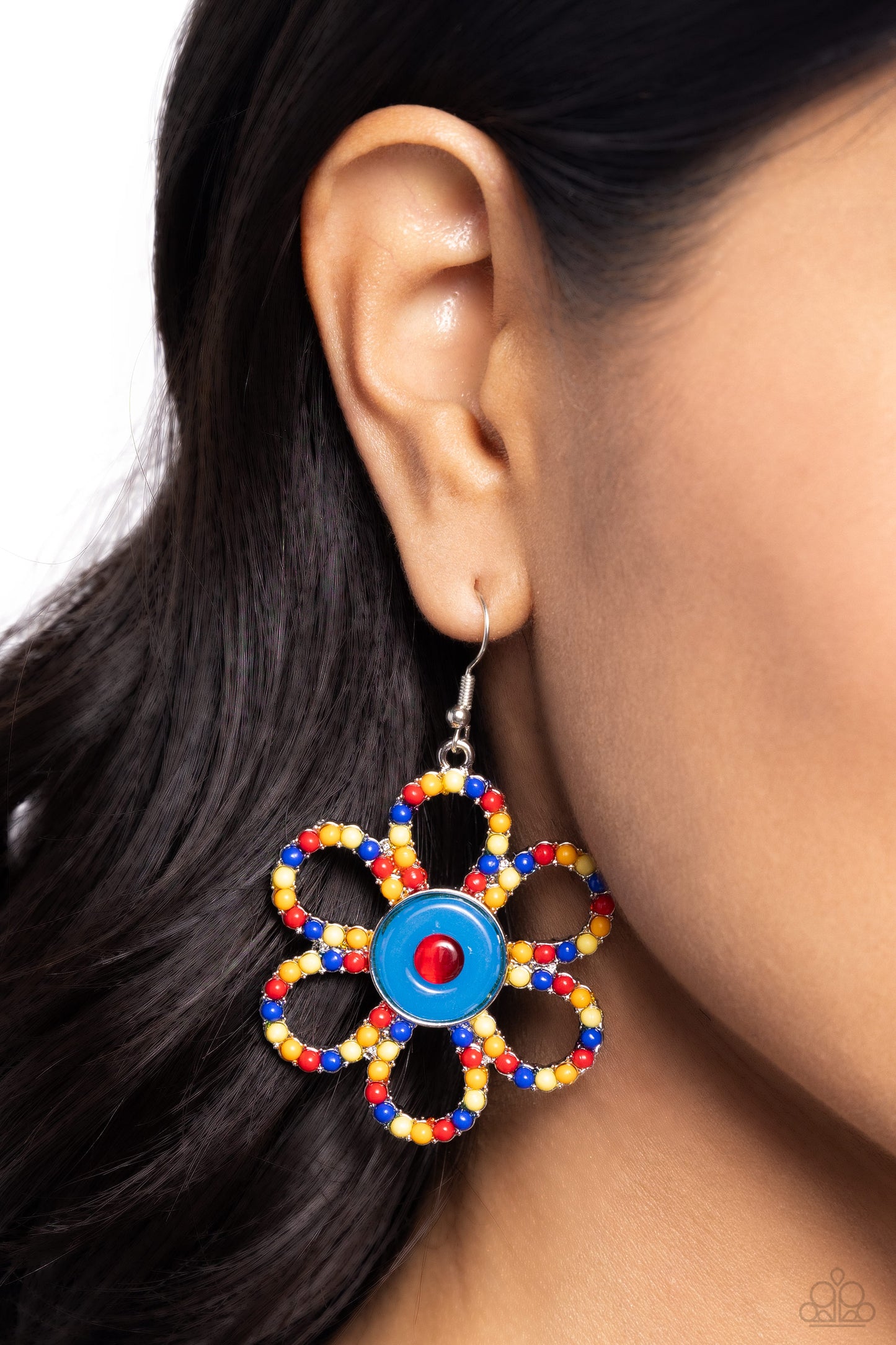 FLOWER Forward - Red, Yellow, Orange Blue Acrylic Petals Flower Earring Paparazzi E2243