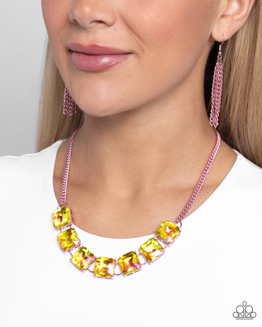 I SQUARE to Secrecy - Pink Electric Chain & UV Yellow Gem Necklace Paparazzi N2404