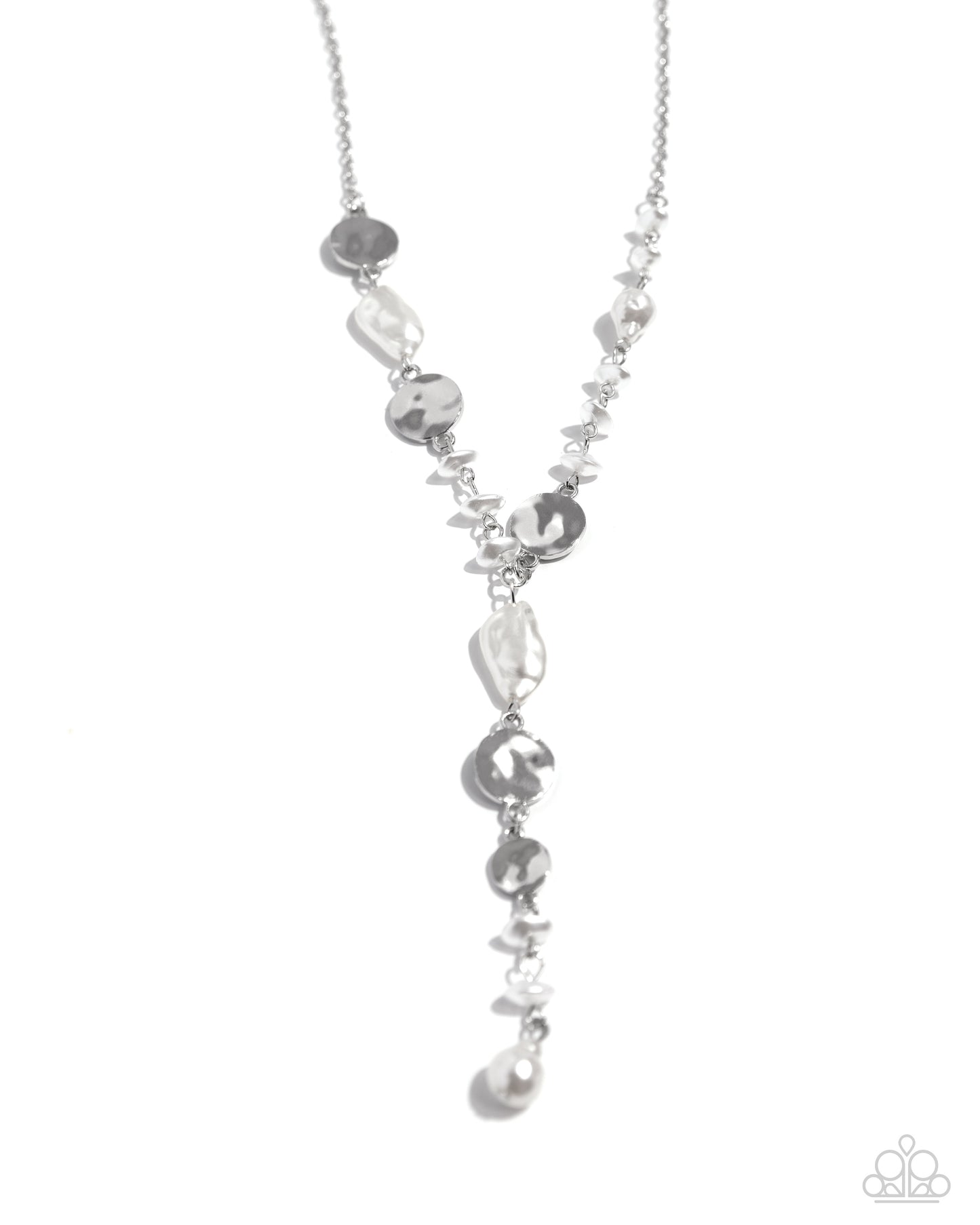 Executive Expression - White Baroque Pearl Bead & Silver Hammered Disc Necklace Paparazzi  N2393