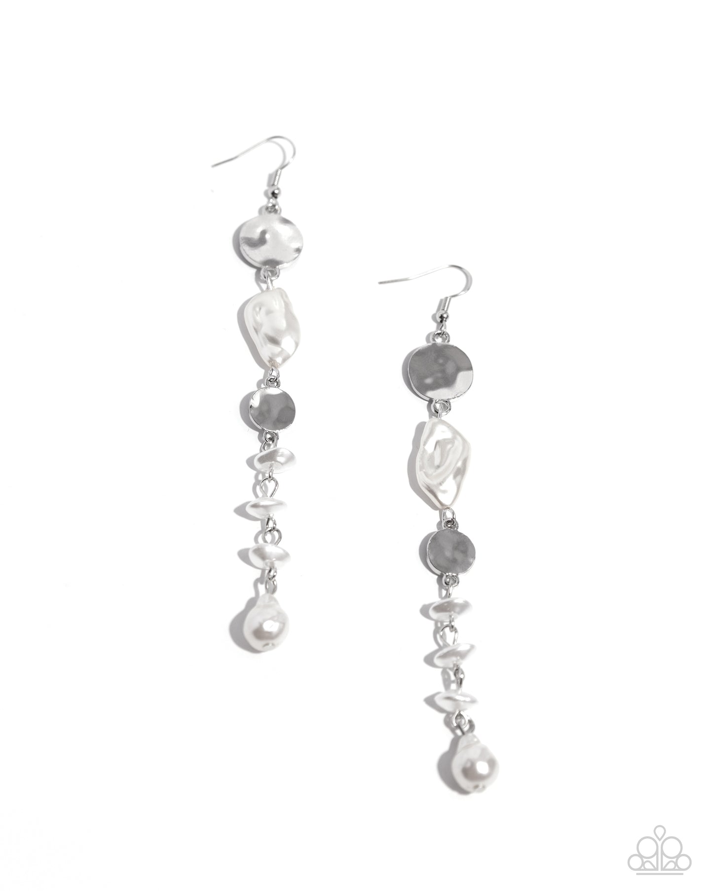 Cosmopolitan Chic - White Baroque Pearl, Silver Hammered Disc Earring Paparazzi E2036