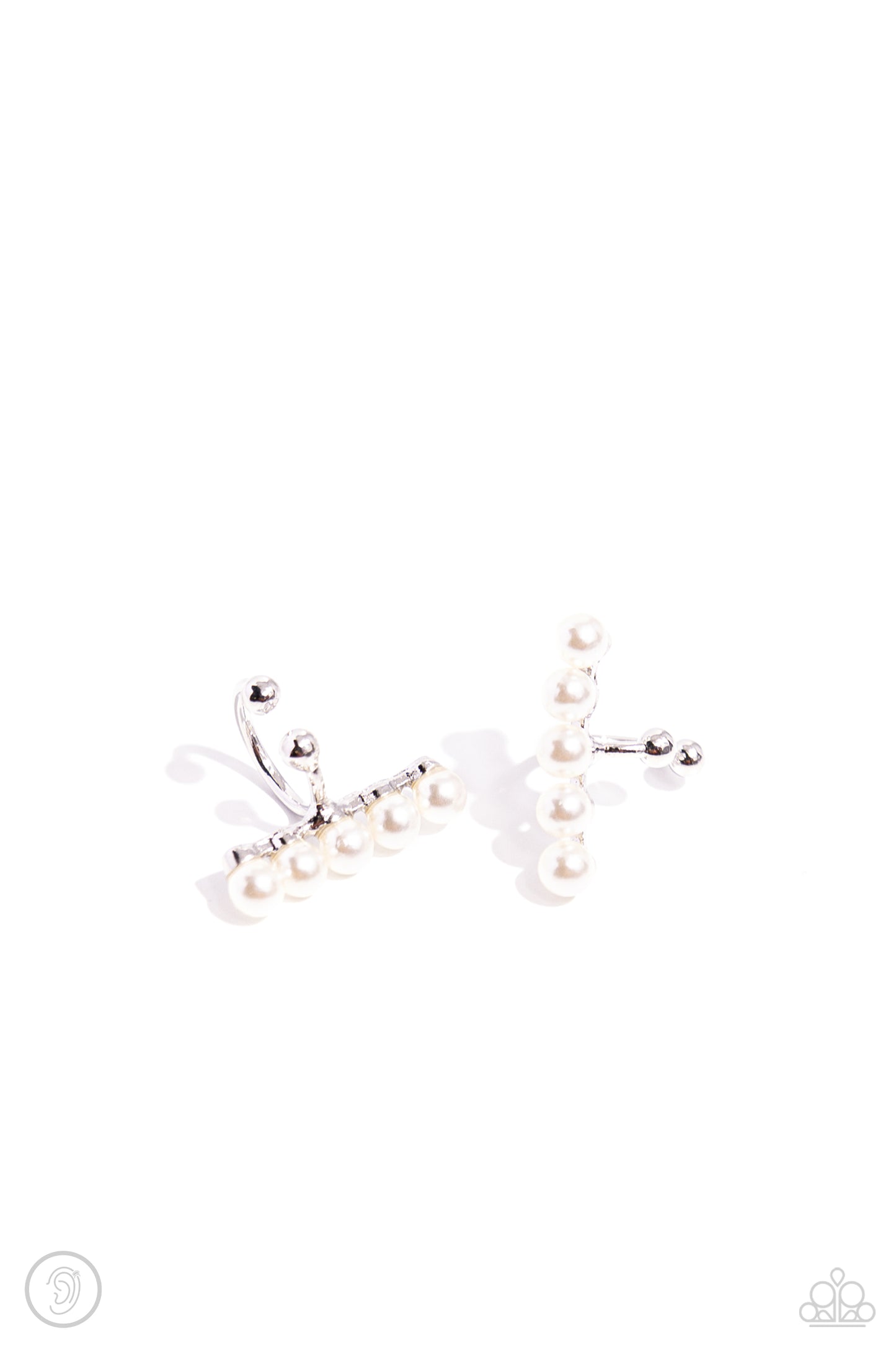 CUFF Love - White Pearl Silver Barbell Style Ear Cuff Paparazzi E2048