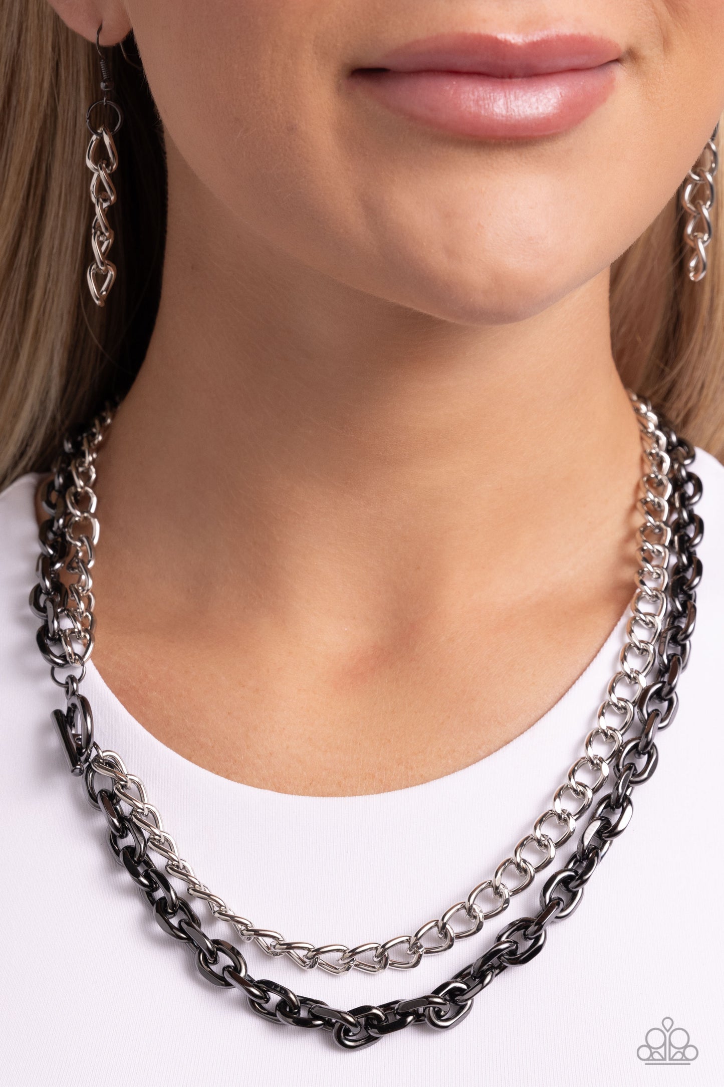 Industrial Improv - Black Gunmetal & Silver Chain Layered Necklace Paparazzi N2279