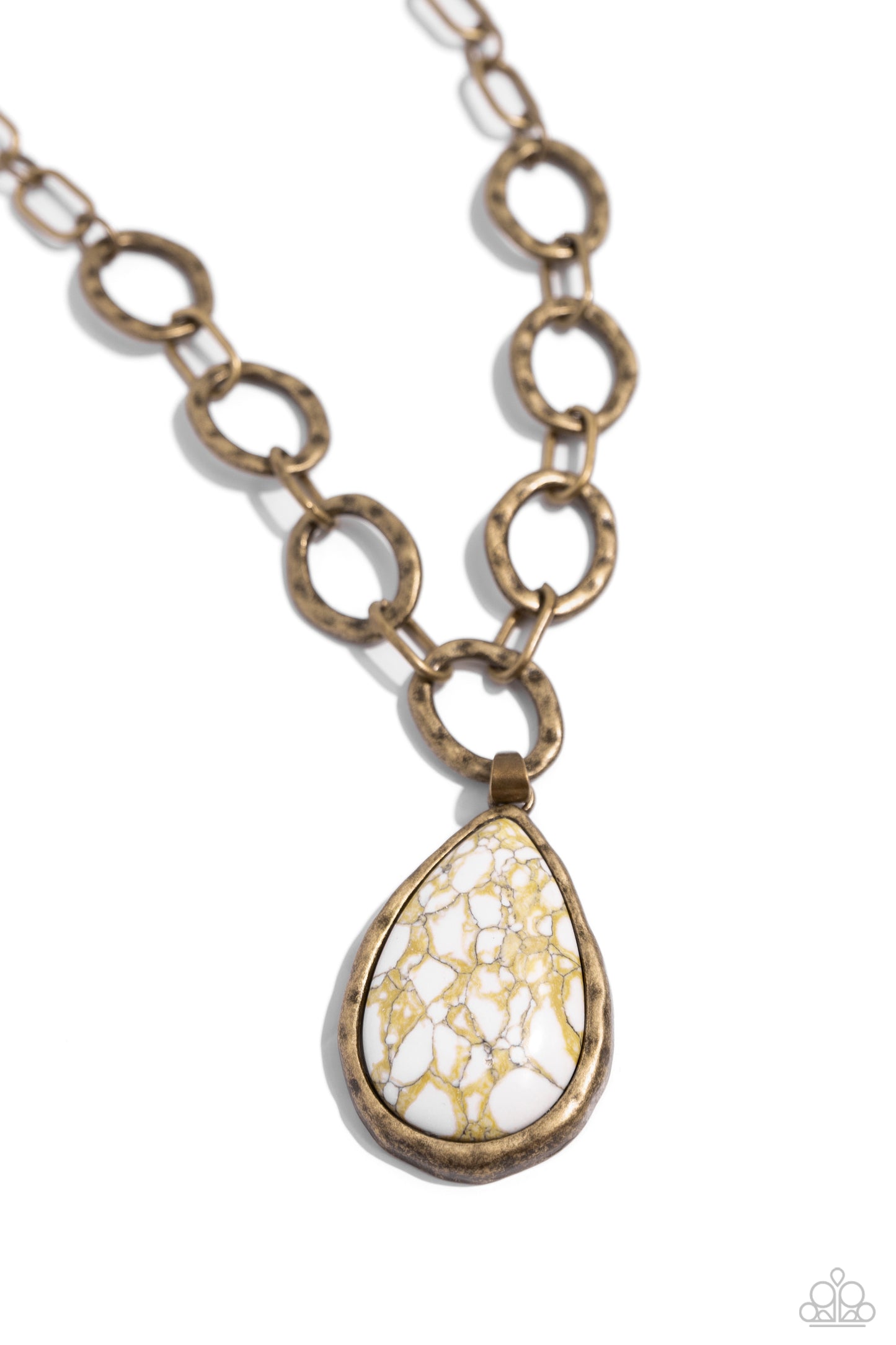 Tangible Tranquility - Brass Hammered Ring, White & Brass Teardrop Stone Santa Fe Style Necklace Paparazzi N2226