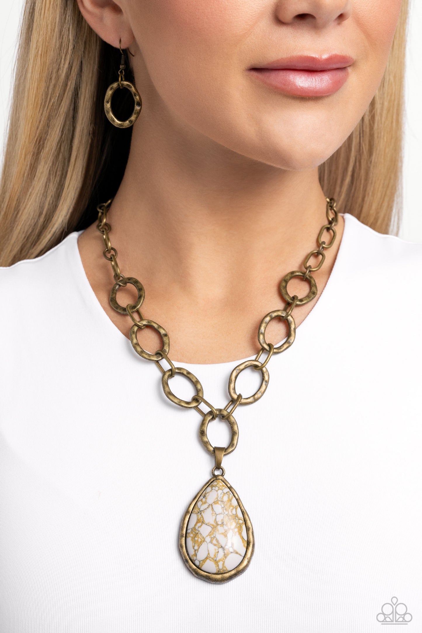 Tangible Tranquility - Brass Hammered Ring, White & Brass Teardrop Stone Santa Fe Style Necklace Paparazzi N2226