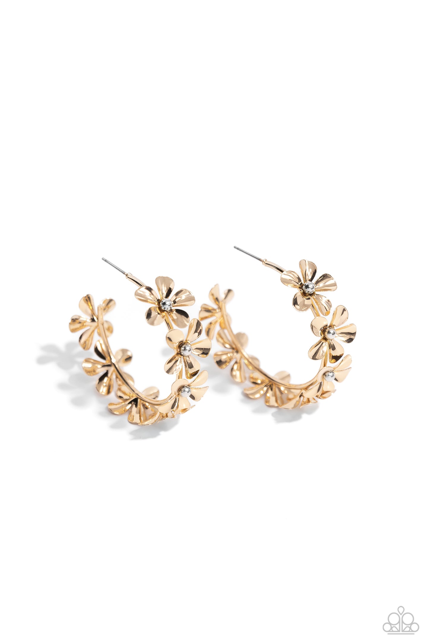 Floral Flamenco - Gold Metallic Flower 1 1/2 Inch Hoop Earring Paparazzi E2211