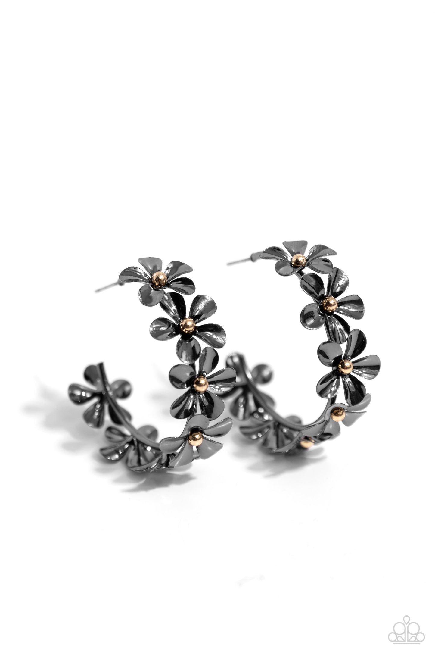 Floral Flamenco - Black Gunmetal Flower 1 1/2 Inch Hoop Earring Paparazzi E2191