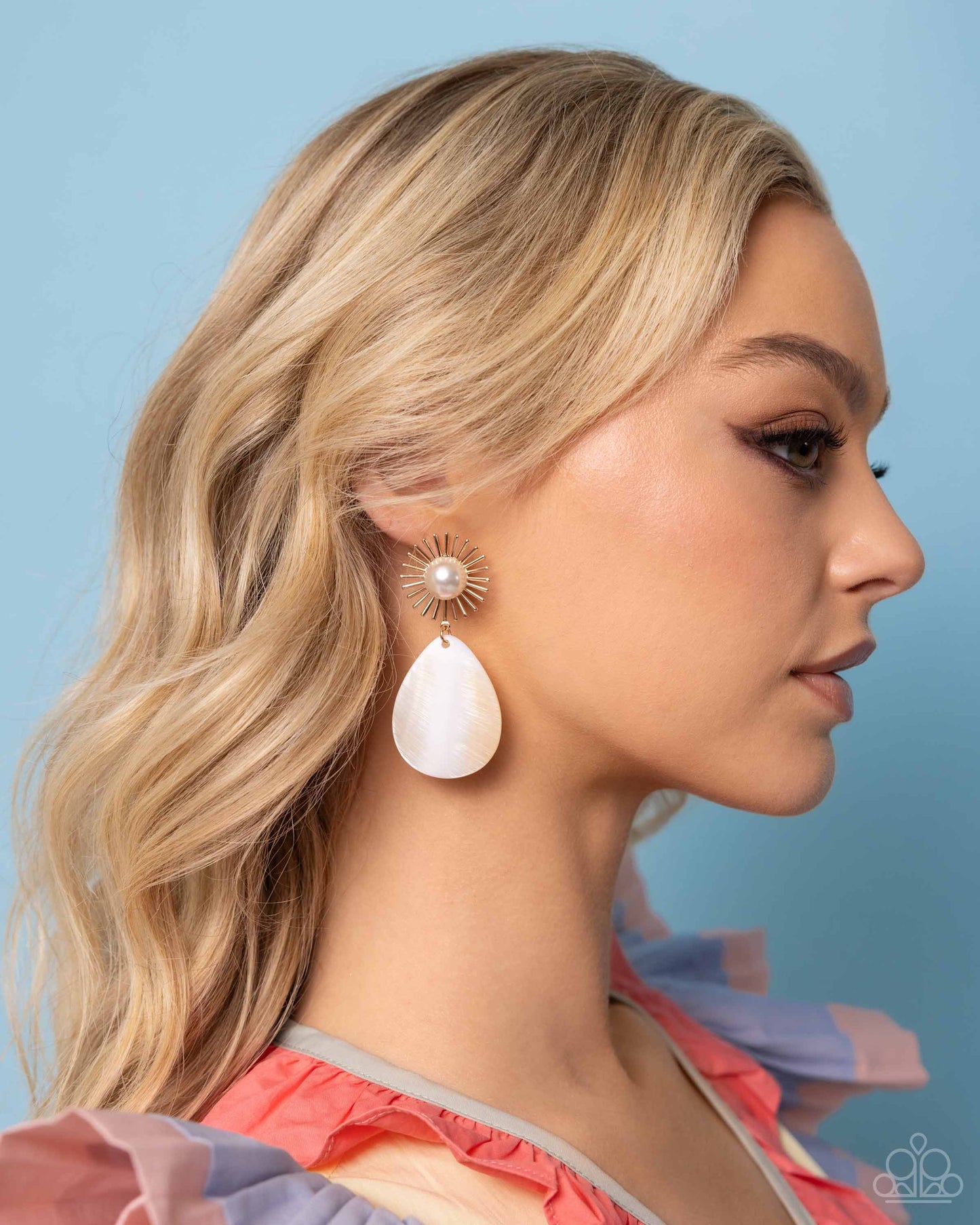 Sunburst Sophistication - Gold Sunburst White Teardrop Shell Post Earring Paparazzi E1914