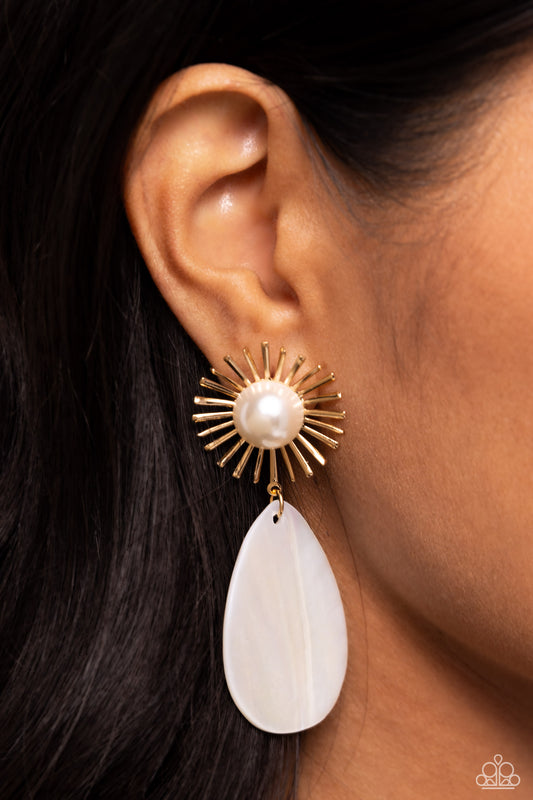 Sunburst Sophistication - Gold Sunburst White Teardrop Shell Post Earring Paparazzi E1914